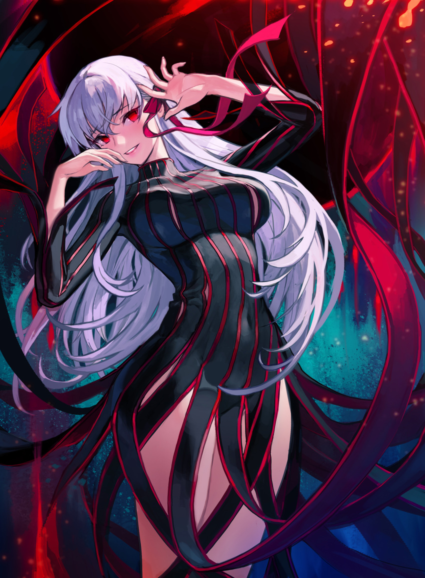 1girl, arm_up, covered_navel, dark_persona, dark_sakura, fate/stay_night, fate_(series), fingernails, hair_ribbon, heaven's_feel, highres, long_hair, matou_sakura, no_pupils, parted_lips, pink_hair, red_eyes, red_ribbon, rein00, ribbon, smile, solo, striped, striped_clothes, turtleneck, white_hair