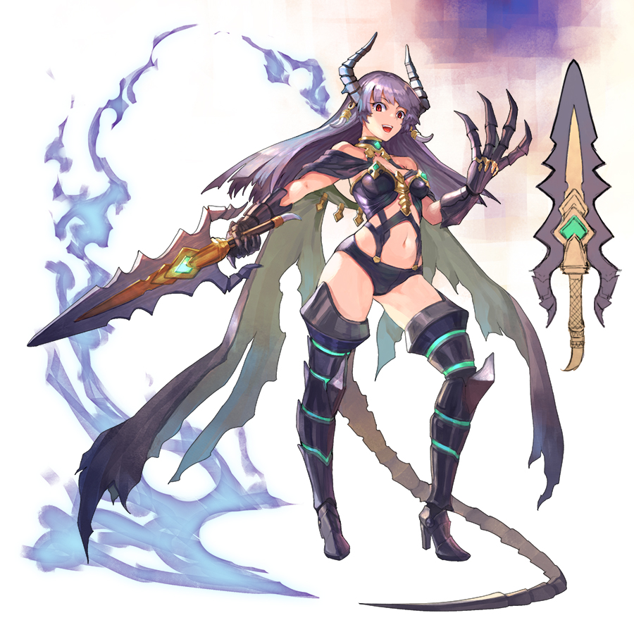 1girl, armor, bare_shoulders, clawed_gauntlets, demon_girl, demon_horns, demon_tail, dragon_girl