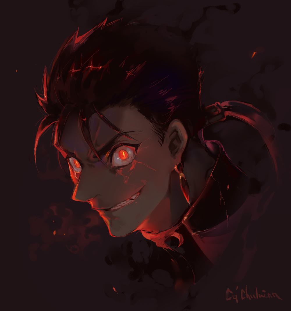 1boy, beads, blue_hair, closed_mouth, cu_chulainn_(fate)_(all), dark_blue_hair, earrings, fang