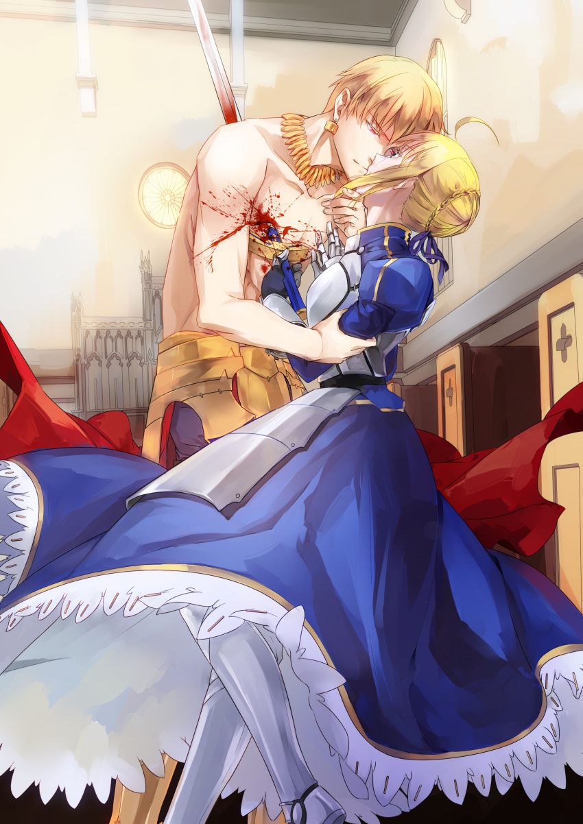 1boy, 1girl, absurdres, ahoge, armor, armored_dress, artoria_pendragon_(all), blonde_hair, blood, earrings, excalibur, fate/stay_night, fate_(series), fauldrons, gilgamesh, gouichi, green_eyes, hetero, highres, impaled, jewelry, necklace, red_eyes, saber, shirtless, staring, sword, tears, weapon