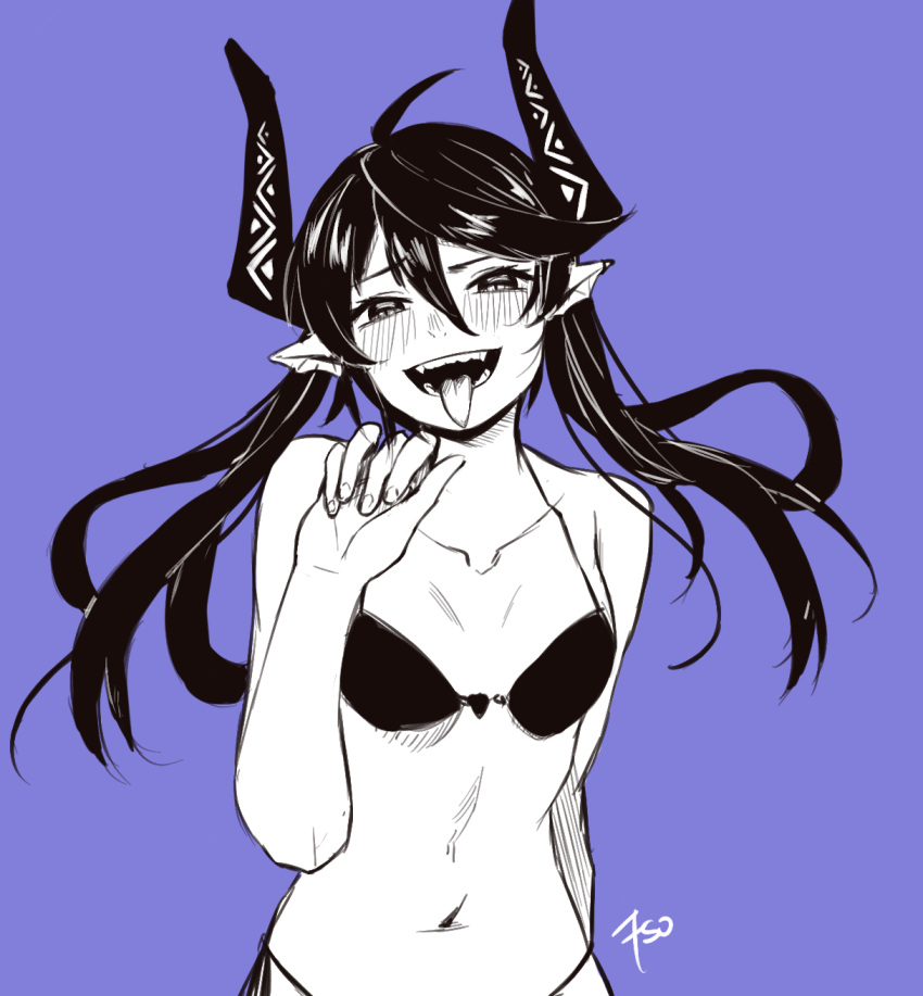 1girl, arm_behind_back, bare_shoulders, blue_bag, blush, collarbone, demon_girl, demon_horns