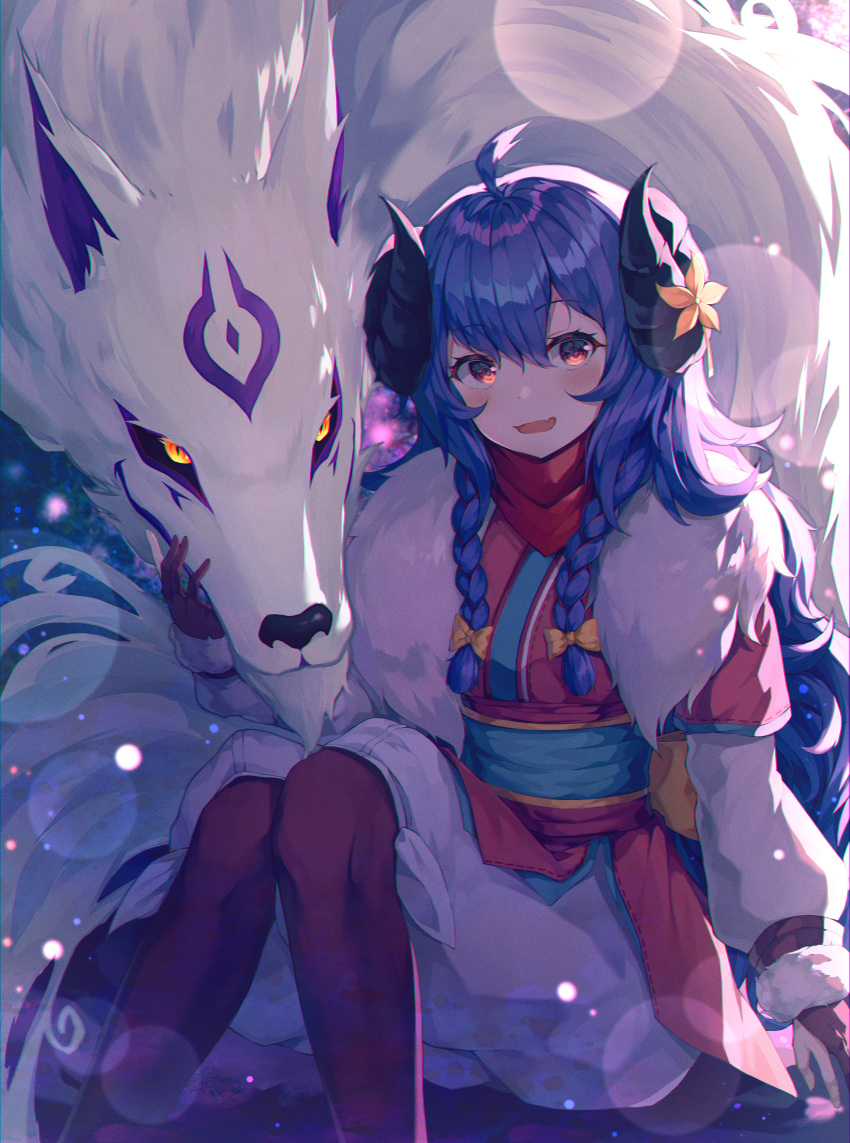 1girl, absurdres, ahoge, alternate_hair_color, alternate_hairstyle, braid, curled_horns, flower, fur, gyungsin, hair_between_eyes, hair_flower, hair_ornament, highres, horns, huge_filesize, kindred_(league_of_legends), lamb_(league_of_legends), league_of_legends, long_hair, open_mouth, pantyhose, purple_hair, side_braid, spirit_blossom_kindred, white_fur, wolf_(league_of_legends)
