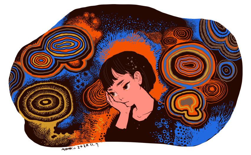 1girl, abstract_background, absurdres, bangs, black_hair, brown_eyes, dated, head_rest, highres, long_sleeves, original, procreate_(medium), short_hair, signature, solo, tomidoron, upper_body