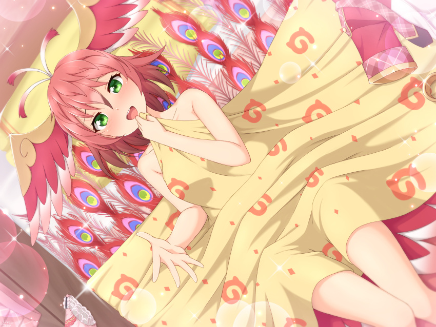 1girl, :d, absurdres, antenna_hair, bangs, bird_wings, blush, brown_hair