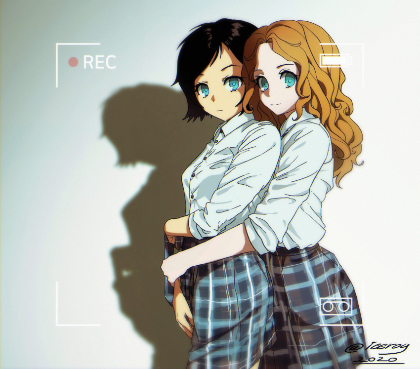 2girls, black_hair, blue_eyes, breasts, brown_hair, check_commentary, closed_mouth, commentary_request