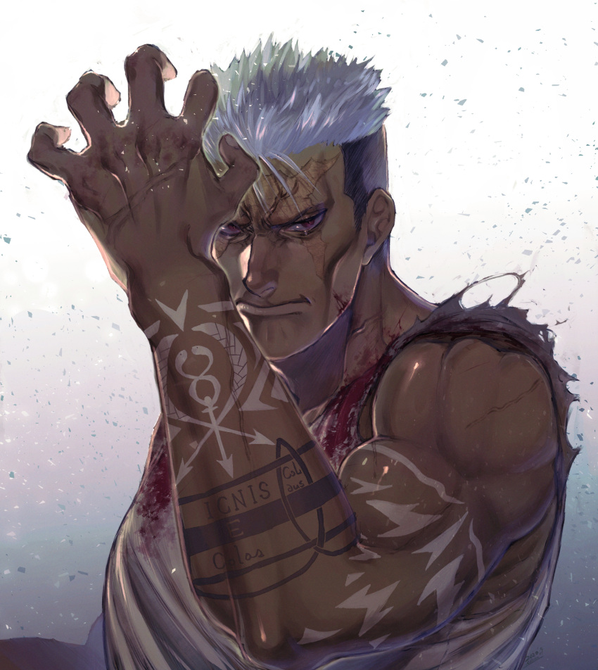 1boy, arm_tattoo, arm_up, biceps, blood, bloody_clothes, closed_mouth, cross_scar, dark_skin, dark_skinned_male, fullmetal_alchemist, gradient, gradient_background, grey_shirt, highres, looking_at_viewer, male_focus, muscle, muyukikiyoshi11521, open_hand, red_eyes, scar, scar_(fma), scar_on_face, shirt, short_hair, sleeveless, solo, tattoo, upper_body, white_background, white_hair