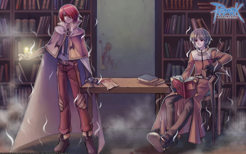2boys, acolyte_(ragnarok_online), bangs, belt, belt_buckle, bio_lab, blood, blood_splatter, bloody_paper, blue_shirt, book, bookshelf, boya, brown_belt, brown_capelet, brown_footwear, brown_gloves, brown_hair, brown_pants, buckle, cape, cassock, chair, closed_mouth, copyright, copyright_name, errende_ebecee, full_body, gloves, hair_over_one_eye, hand_on_table, holding, holding_book, holding_staff, laurell_weinder, library, long_sleeves, looking_at_viewer, mage_(ragnarok_online), magic, male_focus, multiple_boys, official_art, outline, pants, paper, ragnarok_online, red_eyes, redhead, shirt, shoes, short_hair, sitting, staff, standing, third-party_source, white_cape, white_outline