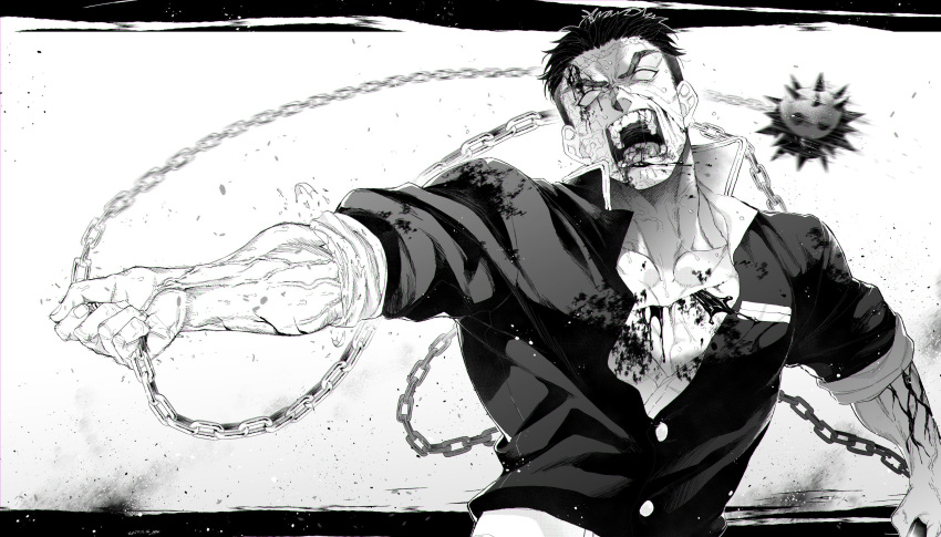1boy, absurdres, ball_and_chain, blank_eyes, bleeding, blood, blood_from_mouth, blood_on_face