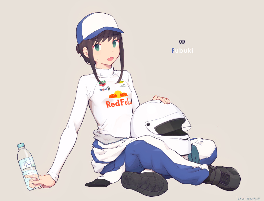 1girl, black_hair, blue_headwear, bottle, brand_name_imitation, character_name, fubuki_(kantai_collection), full_body