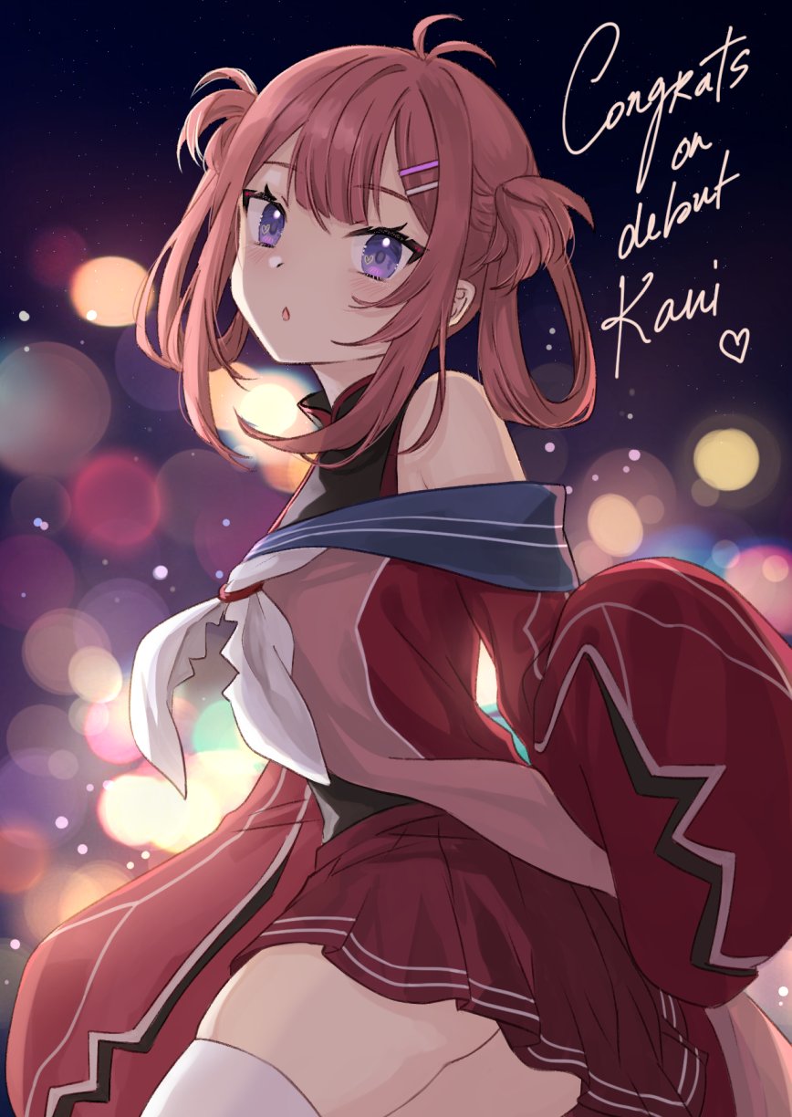 1girl, atelier_live, bangs, crab_girl, eyebrows_visible_through_hair, hair_ornament, hair_rings, hairclip, highres, hongruna, indie_virtual_youtuber, kani_kanizawa, light_blush, looking_at_viewer, open_mouth, redhead, sailor_collar, sidelocks, smile, solo, upper_body, violet_eyes, virtual_youtuber