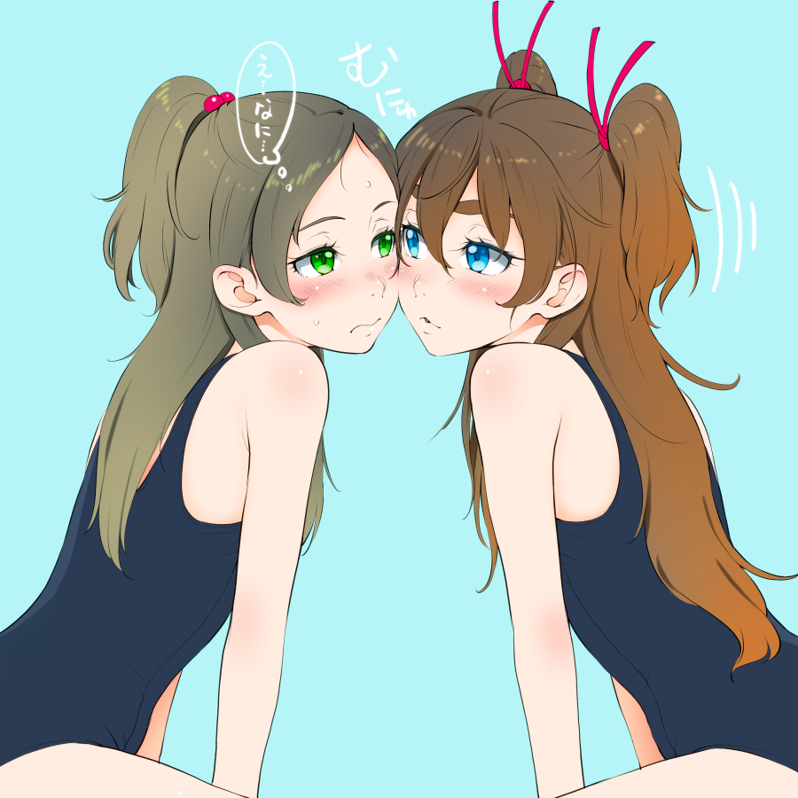 2girls, blue_background, blue_eyes, blush, brown_hair, cheek-to-cheek, closed_mouth, green_eyes