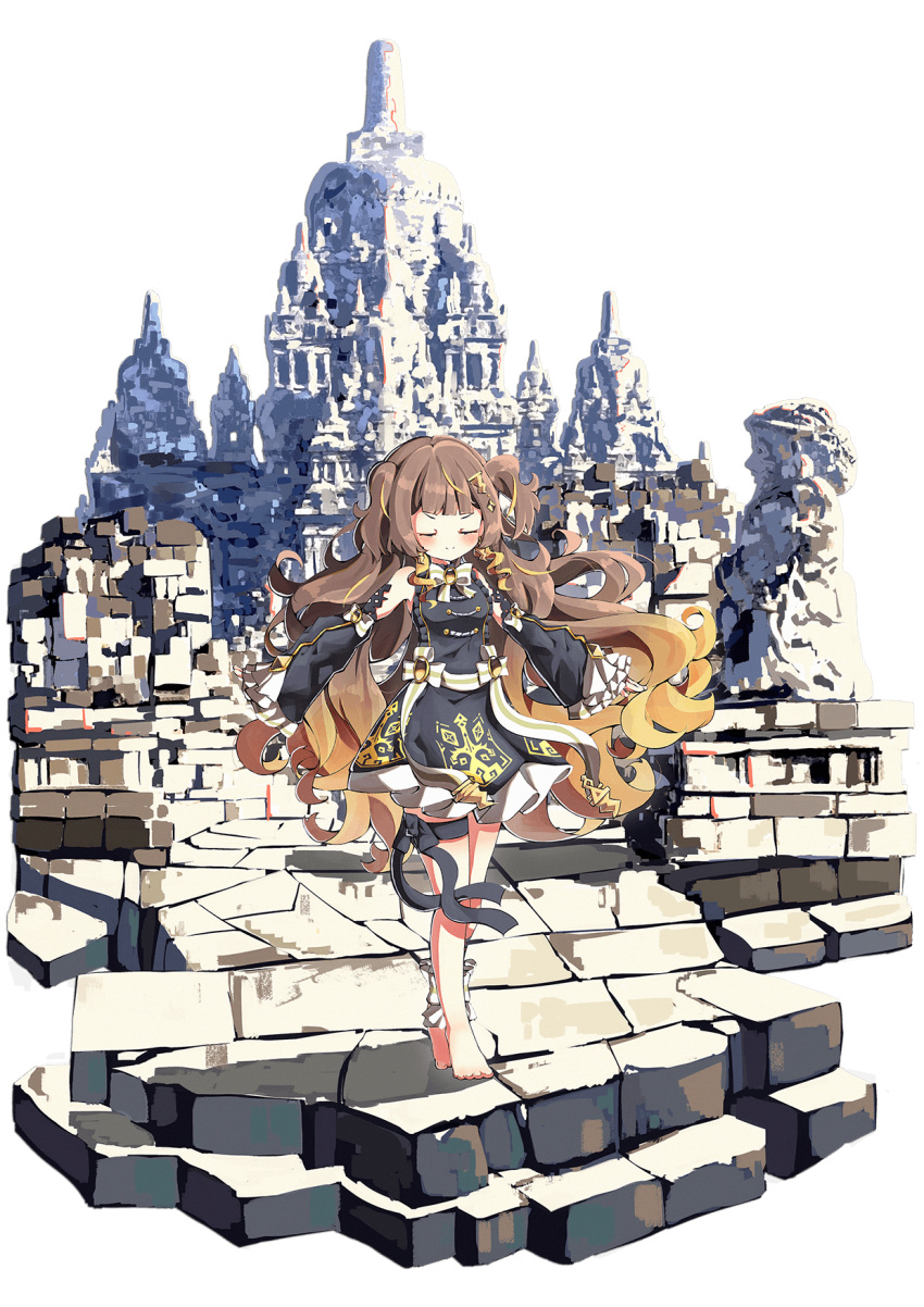 1girl, ankle_ribbon, anya_melfissa, architecture, arms_up, barefoot, black_dress, blonde_hair, blush, bow, bowtie, breasts, brooch, brown_hair, closed_eyes, detached_sleeves, dress, floating_hair, gradient, gradient_background, hair_ornament, highres, hololive, hololive_indonesia, jewelry, leg_ribbon, location_request, medium_breasts, ribbon, sachisudesu, sash, sett, shadow, simple_background, smile, solo, standing, statue, stone_walkway, striped, striped_neckwear, thigh_ribbon, two_side_up, virtual_youtuber, wavy_hair, white_background, wide_shot