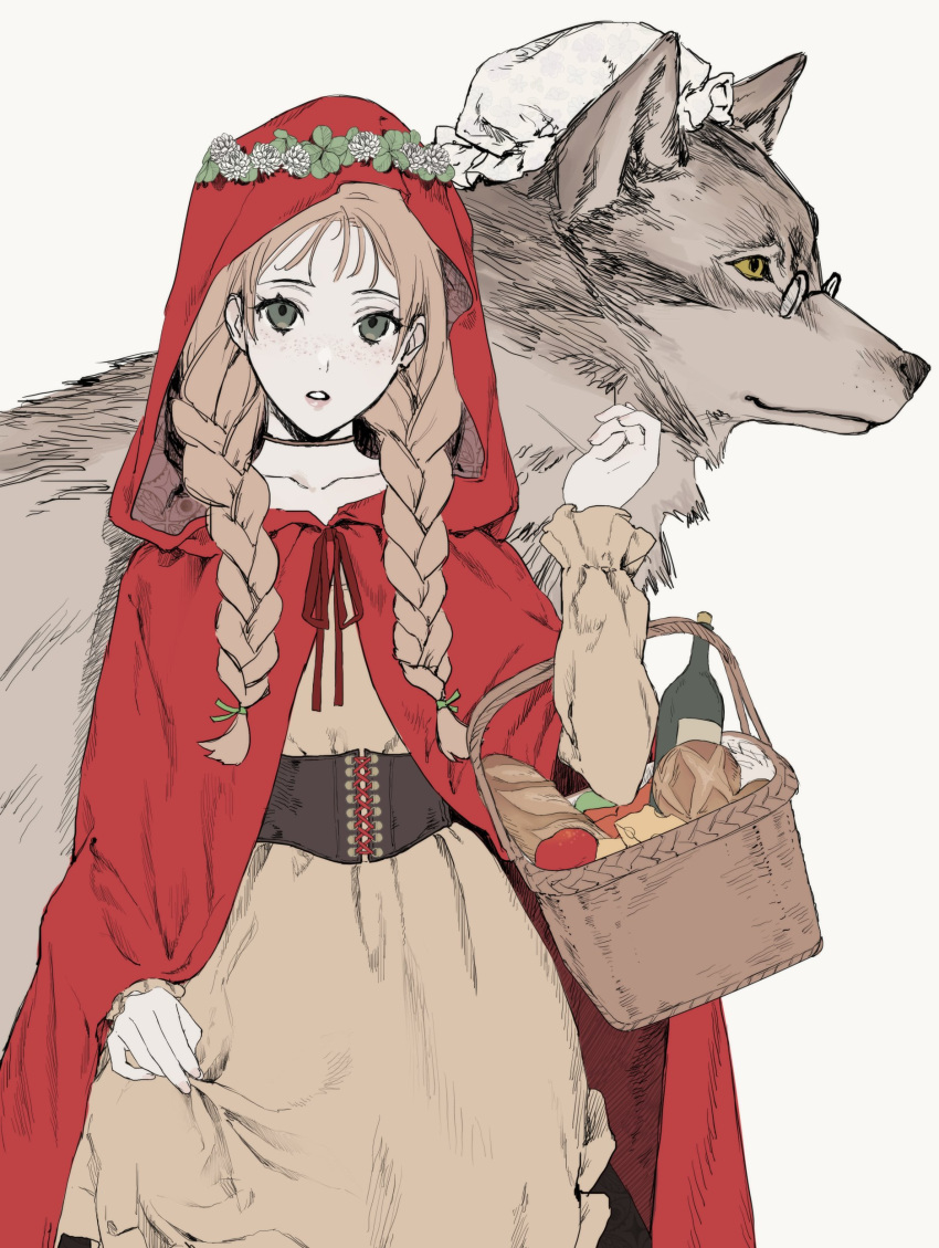 1girl, absurdres, animal, big_bad_wolf_(grimm), bottle, braid, breasts, brown_hair, cheese, cloak, fingernails, food, freckles, glasses, green_eyes, hand_up, hat, head_wreath, highres, hood, hood_up, hooded_cloak, little_red_riding_hood, little_red_riding_hood_(grimm), long_hair, long_sleeves, looking_at_viewer, oversized_animal, parted_lips, picnic_basket, pillow_hat, pince-nez, pink_nails, red_cloak, red_hood, sankomichi, simple_background, skirt_hold, twin_braids, underbust, white_background, wine_bottle, wolf