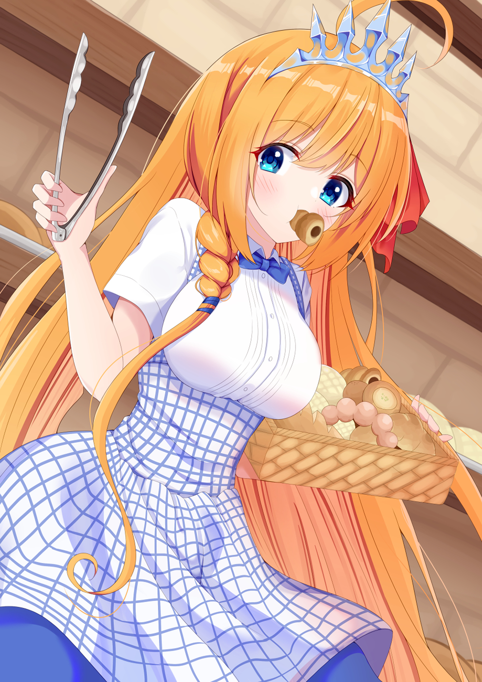 1girl, ahoge, alternate_costume, asymmetrical_hair, bakery, blue_dress, blue_eyes, blue_neckwear