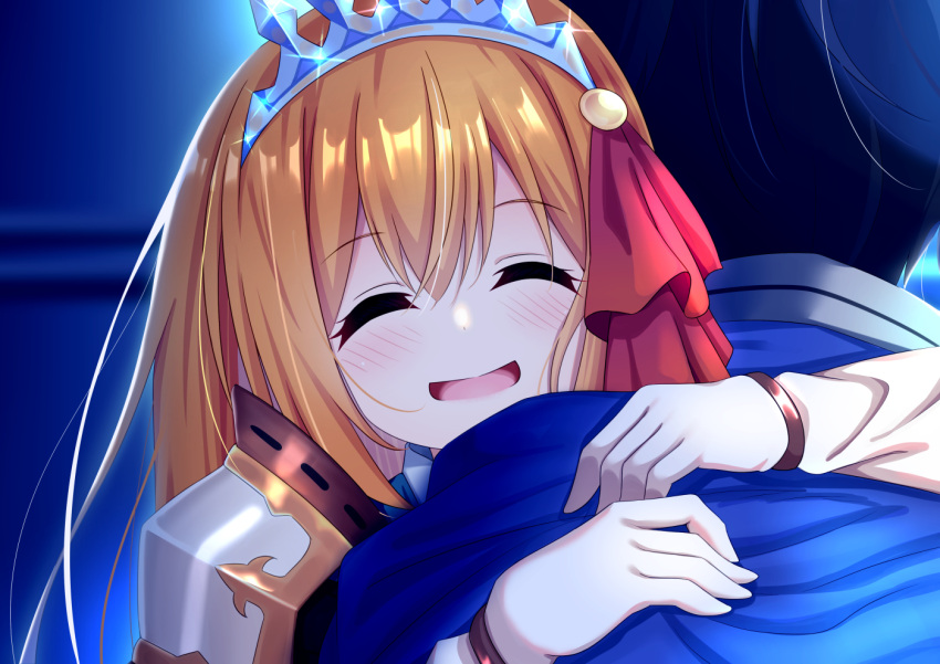 1boy, 1girl, blurry, blurry_background, blush, closed_eyes, eyebrows_visible_through_hair, gloves