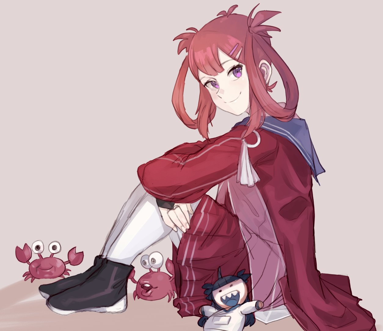 1girl, artemis_of_the_blue, atelier_live, bangs, beige_background, black_eyes, crab, hair_ornament