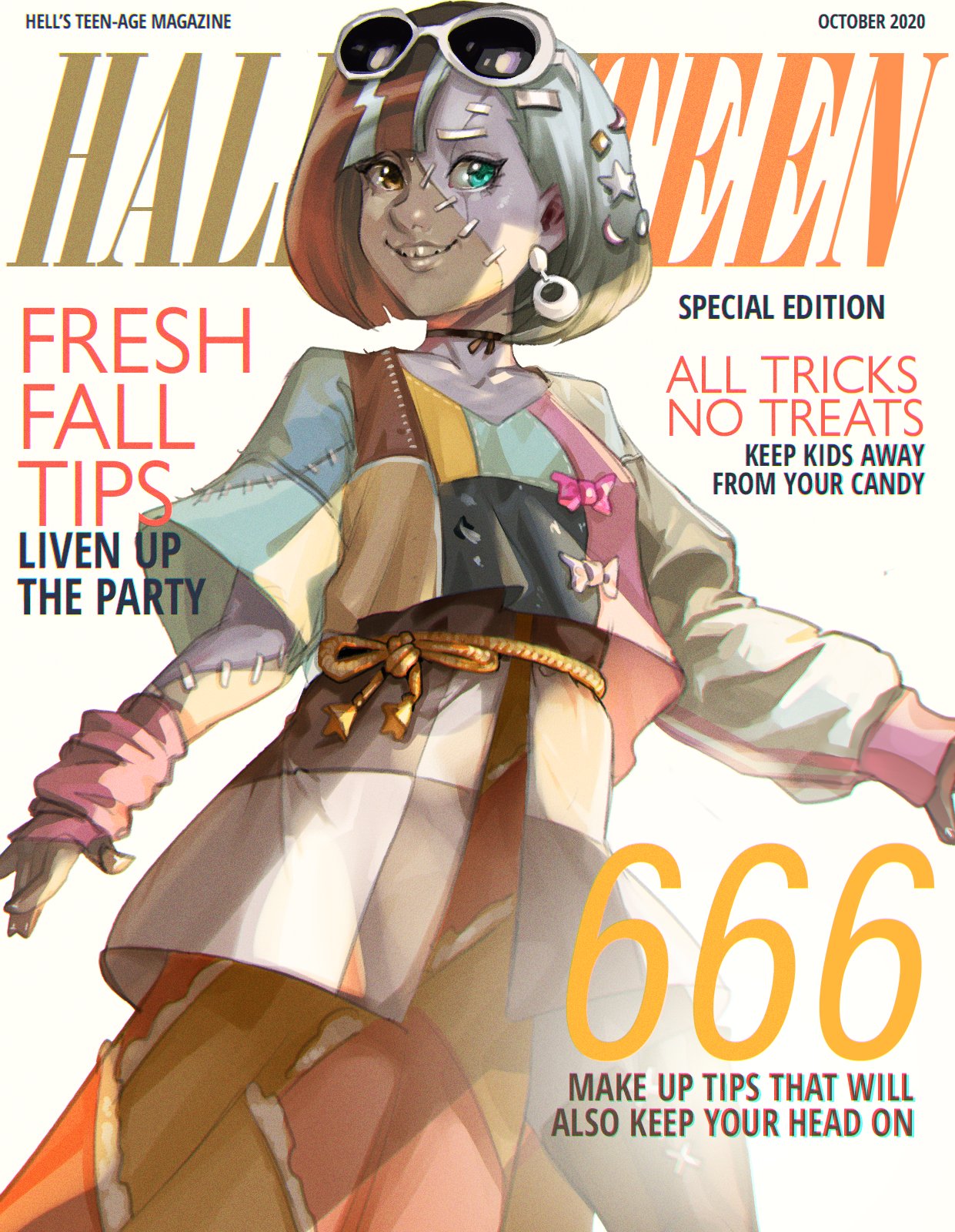 1girl, black_choker, brown_eyes, brown_hair, choker, cover, eyewear_on_head, fake_magazine_cover