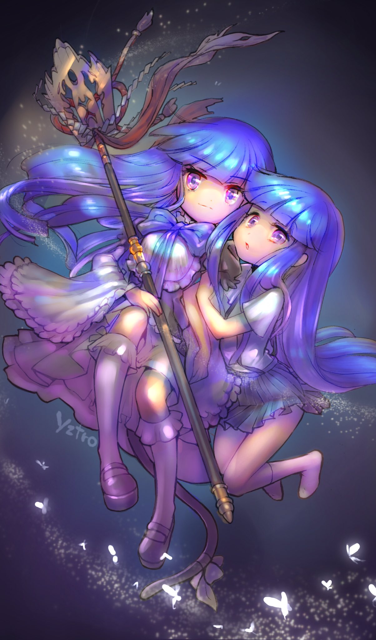 2girls, blue_hair, bow, bug, butterfly, cat_tail, dress, frederica_bernkastel