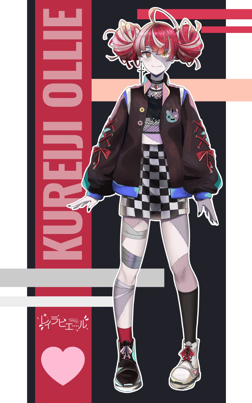 1girl, absurdres, ahoge, alternate_costume, bandaged_leg, bandages, bangs, black_nails, bomber_jacket, character_name, checkered, checkered_skirt, colored_skin, double_bun, english_commentary, fang, full_body, grey_hair, grey_skin, heterochromia, highres, hololive, hololive_indonesia, jacket, jewelry, kureiji_ollie, mismatched_footwear, multicolored_hair, pink_hair, rae_laviere_(artist), red_eyes, redhead, single_earring, skirt, solo, standing, stitched_face, sword_earrings, symbol-shaped_pupils, yellow_eyes, zombie
