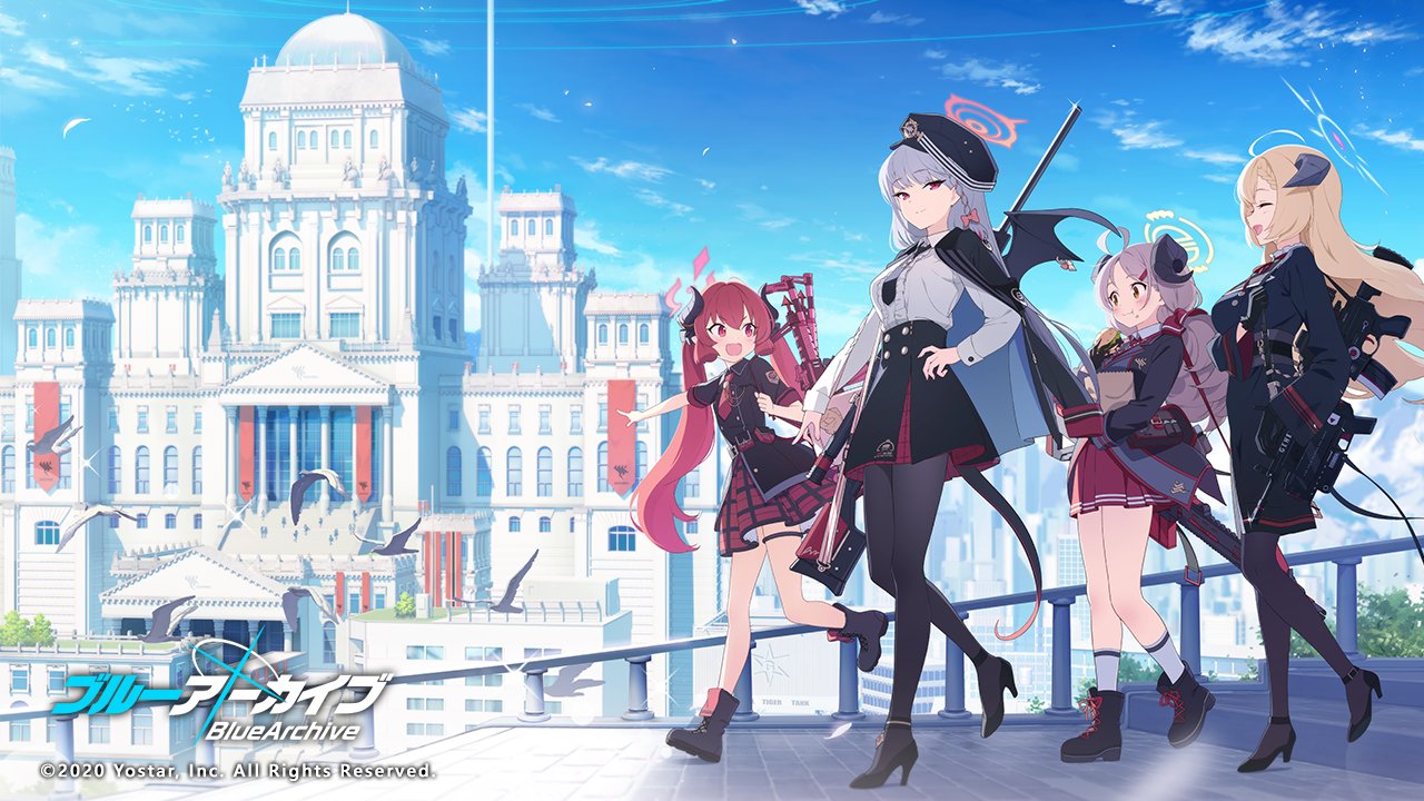 4girls, ahoge, akari_(blue_archive), assault_rifle, bird, blue_archive, blue_sky, boots