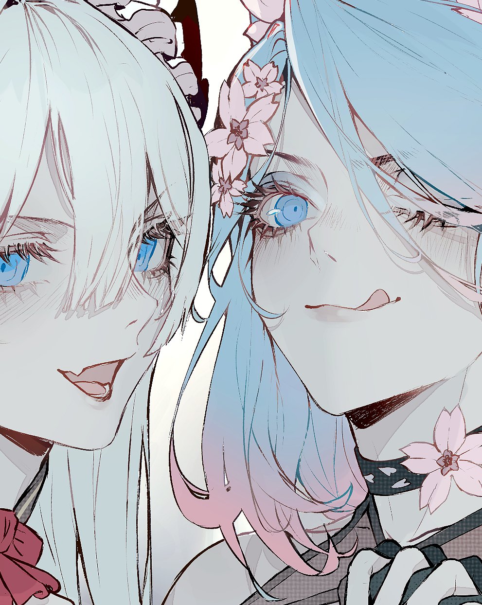 bangs, blue_eyes, close-up, commission, cropped, english_commentary, eyebrows_visible_through_hair, fang, flower, flower_choker, hair_between_eyes, hair_flower, hair_ornament, highres, holding_hands, indie_virtual_youtuber, licking_lips, looking_at_viewer, looking_up, open_mouth, pink_flower, silvervale, the_cecile, tongue, tongue_out, vei_(vtuber), virtual_youtuber, vshojo, white_hair