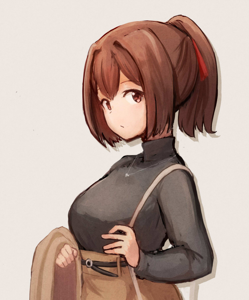1girl, black_sweater, brown_eyes, brown_hair, brown_skirt, commentary_request, grey_background, hair_ribbon, highres, ise_(kantai_collection), kantai_collection, looking_at_viewer, official_alternate_costume, ponytail, ribbon, short_hair, simple_background, skirt, solo, sweater, upper_body, wss_(nicoseiga19993411)