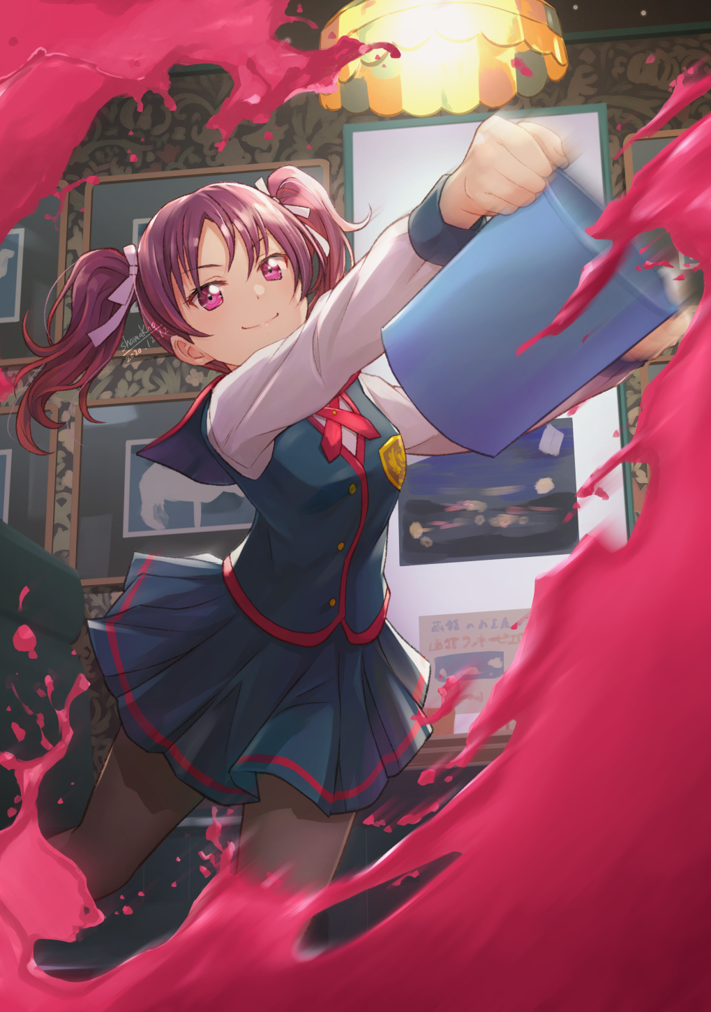 1girl, blush, highres, kazuno_leah, love_live!, love_live!_sunshine!!, purple_hair, ribbon, school_uniform, seisen_school_uniform, shamakho, skirt, smile, solo, twintails, two_side_up, violet_eyes