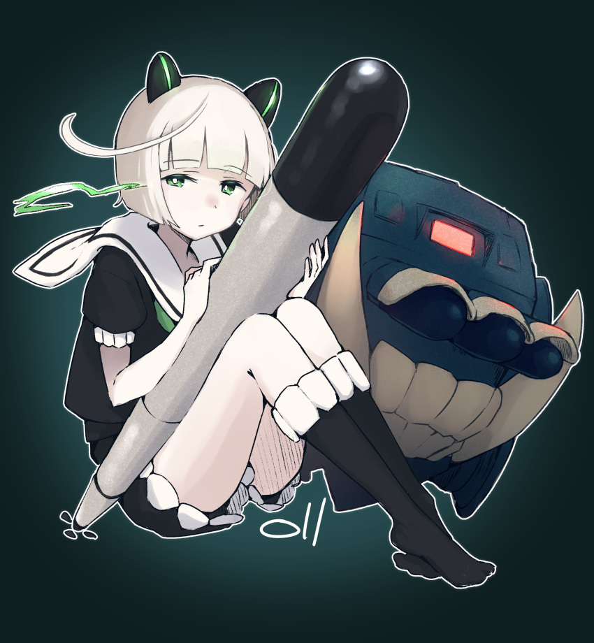 1girl, absurdres, abyssal_bamboo_princess, abyssal_ship, closed_mouth, eyebrows_visible_through_hair, full_body, green_eyes, highres, kantai_collection, ma_rukan, pale_skin, sailor_collar, short_hair, short_sleeves, signature, solo, teeth, torpedo, white_hair, white_sailor_collar