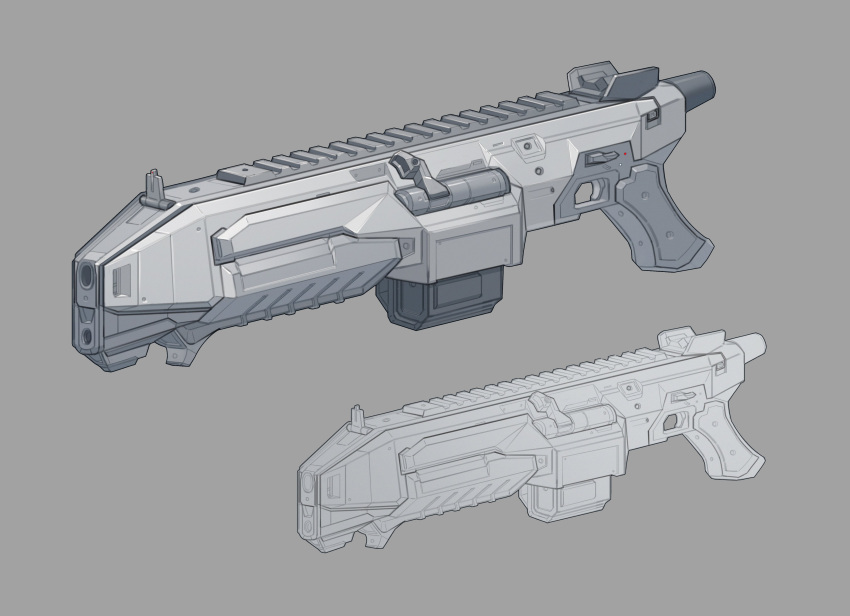absurdres, from_side, grey_background, greyscale, gun, highres, monochrome, no_humans
