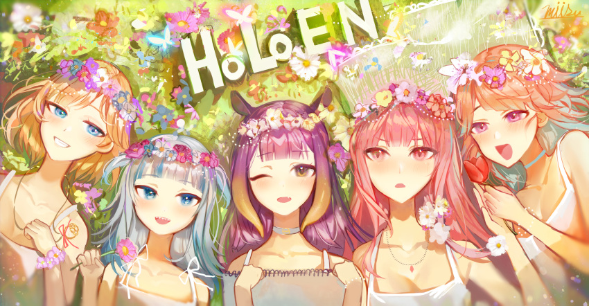 5girls, bangs, blue_eyes, blue_hair, blunt_bangs, collarbone, copyright_name, dress