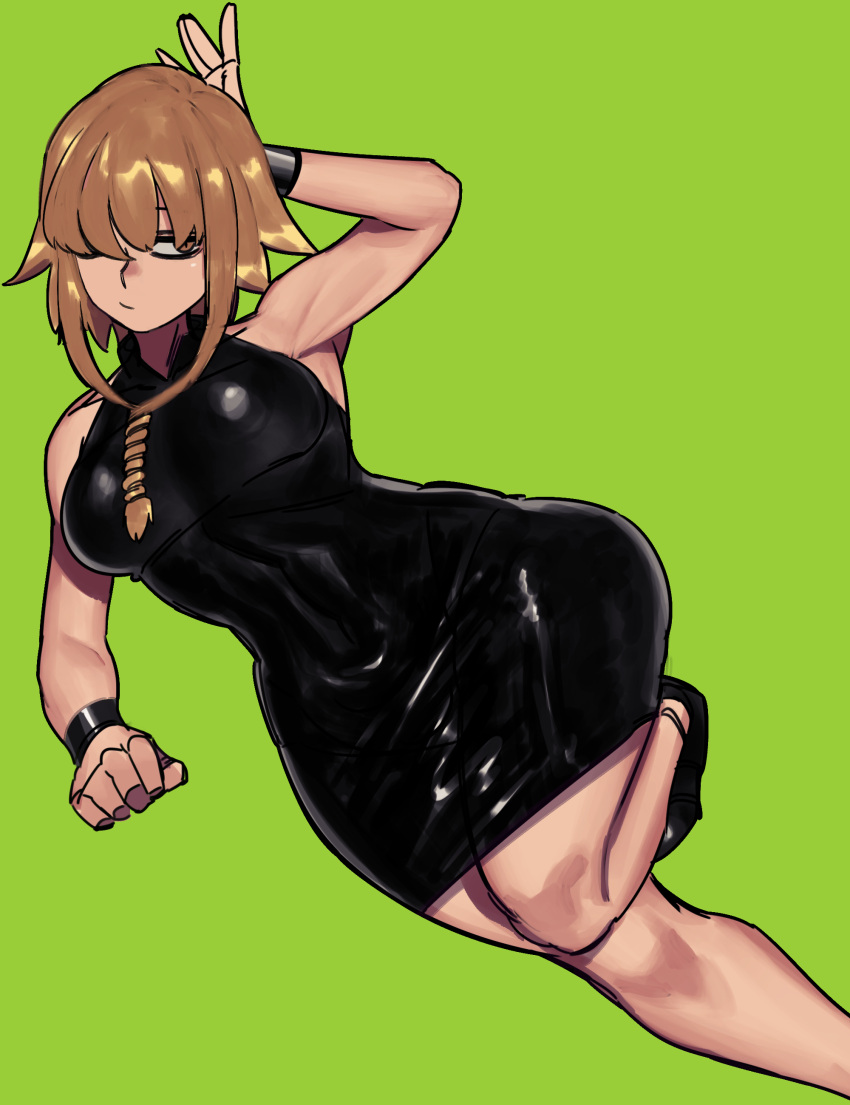 1girl, absurdres, arm_behind_head, armpits, black_dress, braid, breasts, brown_eyes