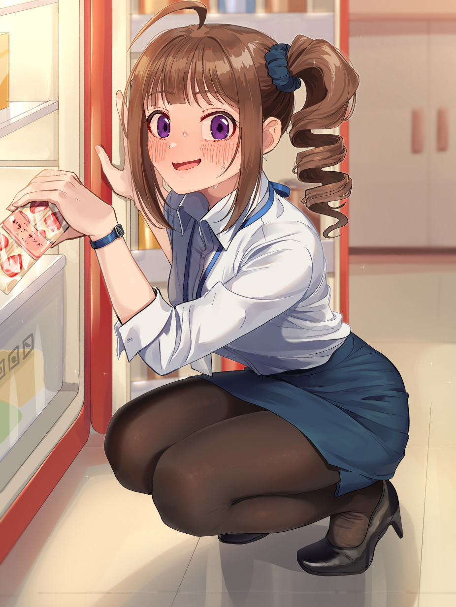 1girl, ahoge, awkward, bangs, black_footwear, black_legwear, blue_scrunchie, blue_skirt