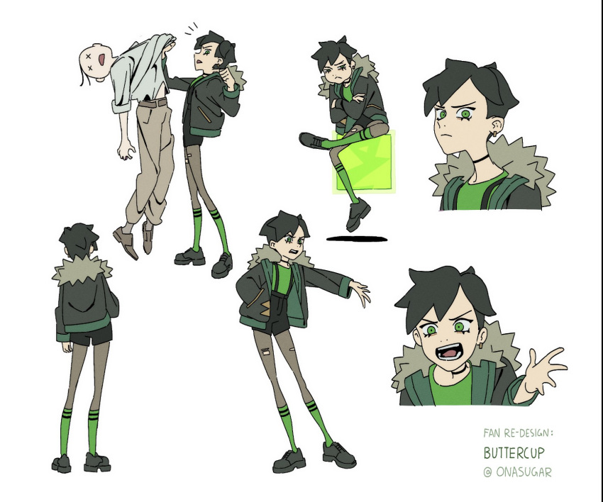1boy, 1girl, annoyed, artist_name, buttercup_(ppg), character_name, character_sheet, frown, fur_trim, green_eyes, hand_in_pocket, highres, jacket, looking_at_viewer, multiple_views, older, onasugar, open_hand, open_mouth, overall_shorts, powerpuff_girls, short_hair, sitting, standing, torn_clothes, torn_legwear, x_x