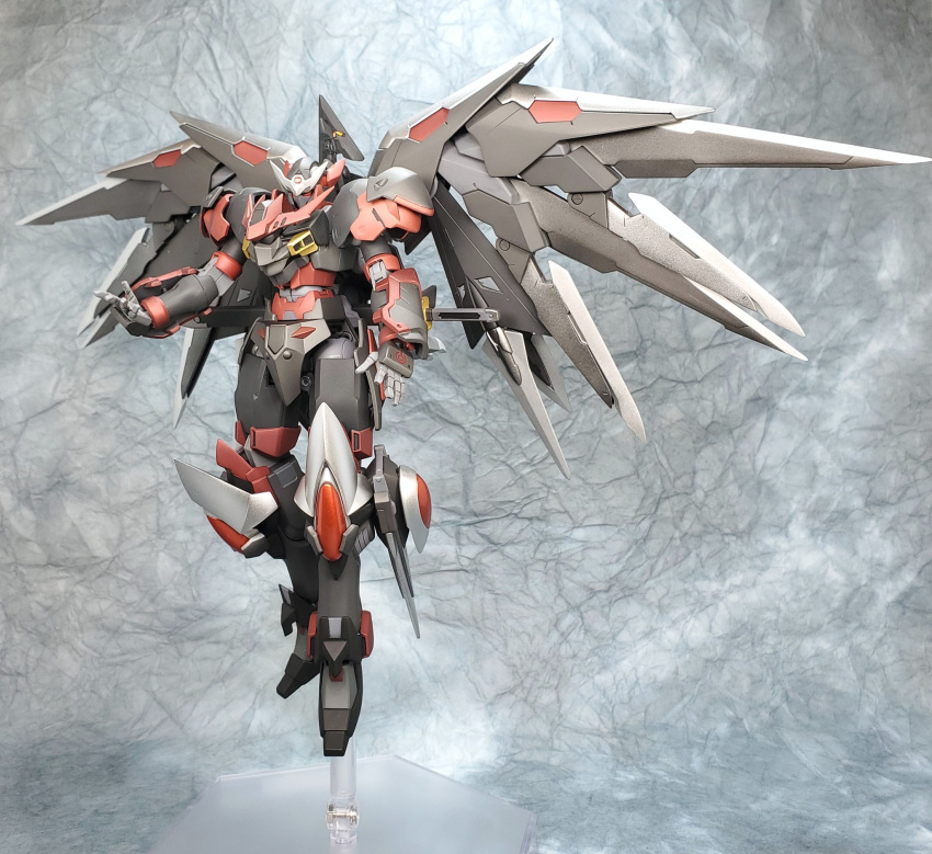 gundam, gunpla, highres, kagemitsu, mecha, mechanical_wings, model_kit, no_humans, open_hands, original, photo_(medium), red_eyes, solo, v-fin, wings