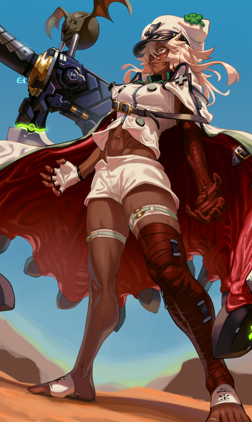 1girl, bandaged_arm, bandaged_leg, bandages, bangs, barefoot, breasts, cape
