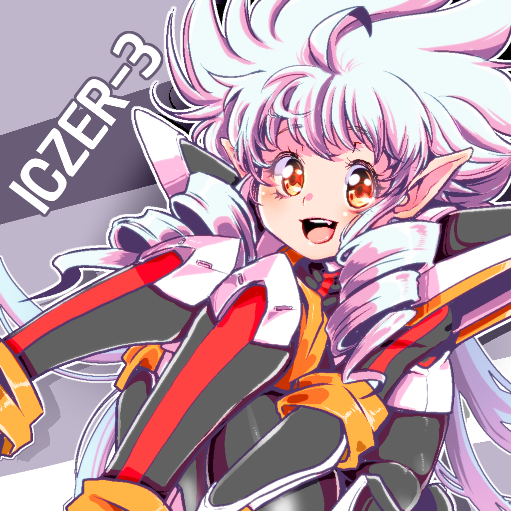 1girl, bangs, brown_eyes, character_name, curled_up, drill_locks, eyebrows_visible_through_hair, fang, hands_under_legs, iczer-3, iczer_(series), iczer_densetsu, long_hair, looking_at_viewer, mengnaidu, open_mouth, pointy_ears, sidelocks, solo, very_long_hair, white_hair