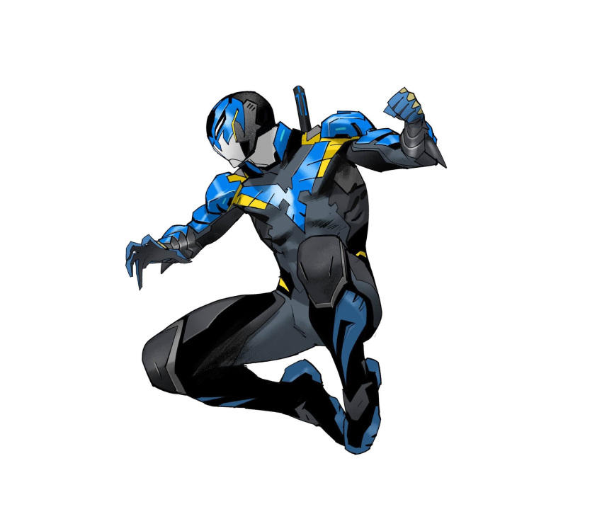 1boy, batman_(series), clenched_hand, dan_mora, highres, jumping, looking_down, nightwing