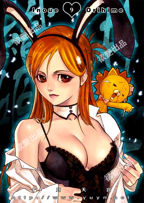 1girl, bleach, blood, blush, breasts, bunny_ear_hairband, bunny_ears, bunnysuit, character_name, choker, cleavage, female, hairband, inoue_orihime, kon, large_breasts, lips, long_hair, nosebleed, open_clothes, open_shirt, orange_eyes, orange_hair, rabbit_ears, sayo_tanku, stuffed_animal, stuffed_lion, stuffed_toy, undressing, upper_body, white_shirt, yuyn