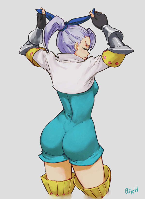 1girl, adjusting_hair_ornament, armor, ass, black_gloves, blue_ribbon, boots, bracer, closed_eyes, commentary, cropped_jacket, cropped_legs, fingerless_gloves, fingernails, from_behind, gloves, hair_ribbon, impossible_clothes, jericho_(nanatsu_no_taizai), nanatsu_no_taizai, ozkh, purple_hair, ribbon, short_ponytail, solo, thigh-highs, thigh_boots, unitard, white_background, yellow_footwear