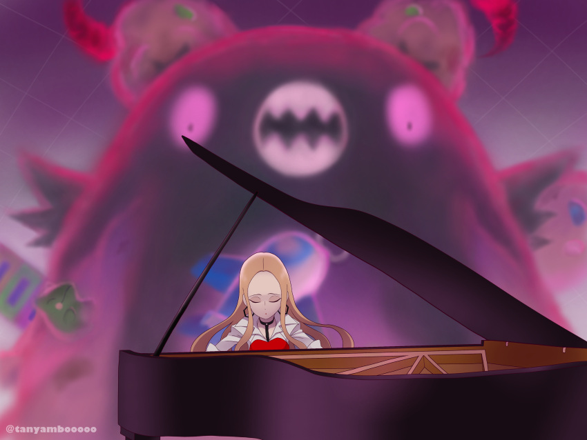 1girl, absurdres, artist_name, black_choker, blonde_hair, blouse, choker, closed_eyes