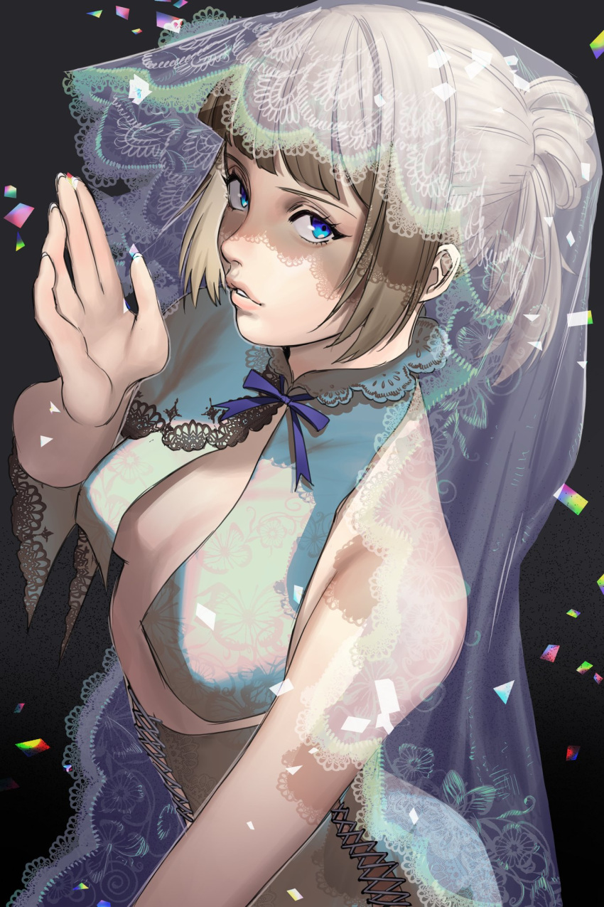 1girl, alternate_hair_color, alternate_hair_length, alternate_hairstyle, bangs, blue_eyes, blunt_bangs, breast_curtains