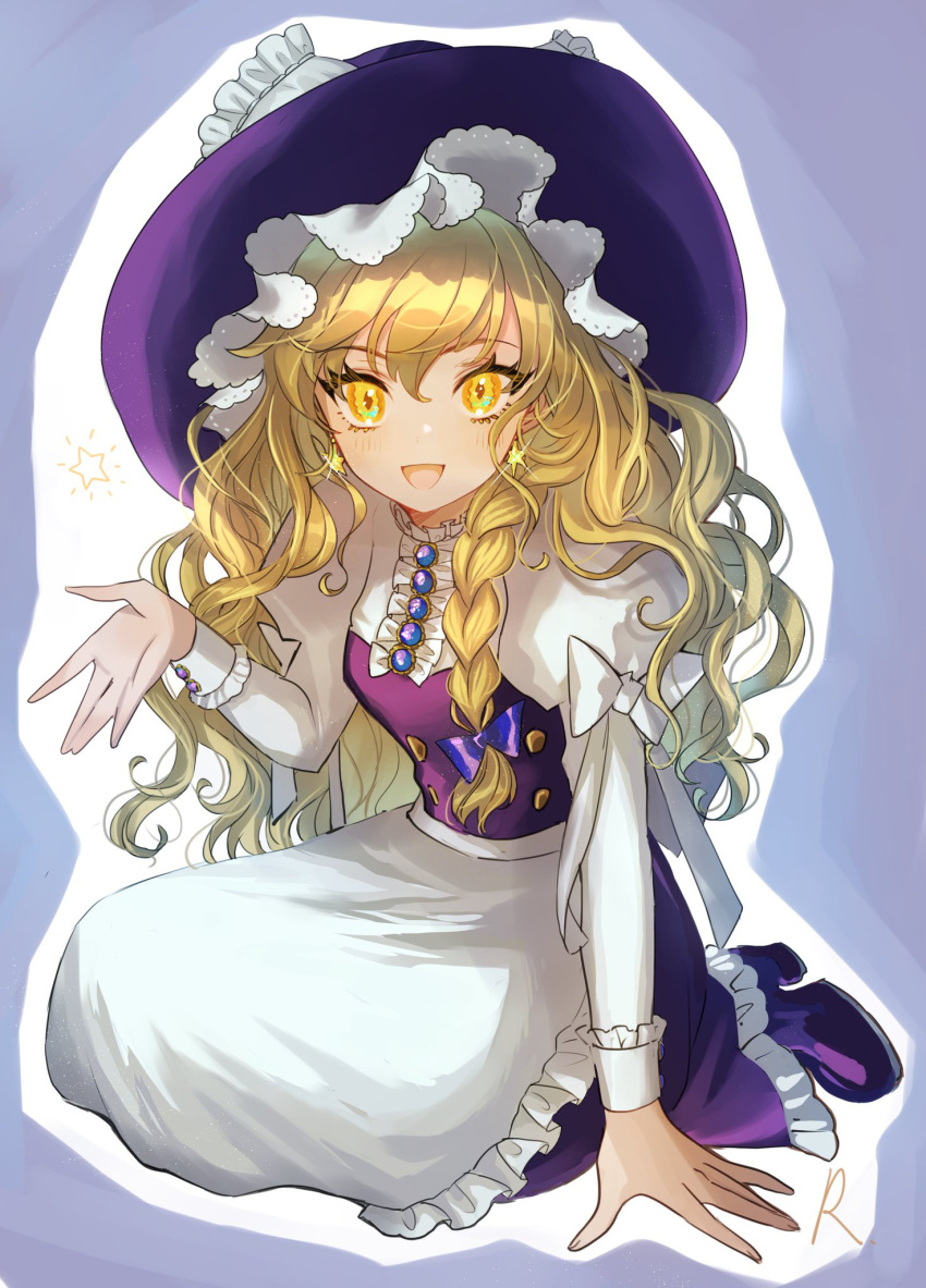 1girl, :d, alternate_costume, apron, arm_support, blonde_hair, blue_background, blue_bow