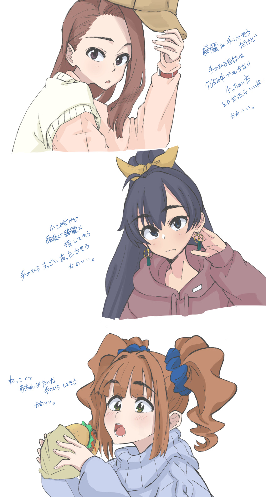 3girls, absurdres, anjerain, bangs, black_eyes, black_hair, blush, brown_hair