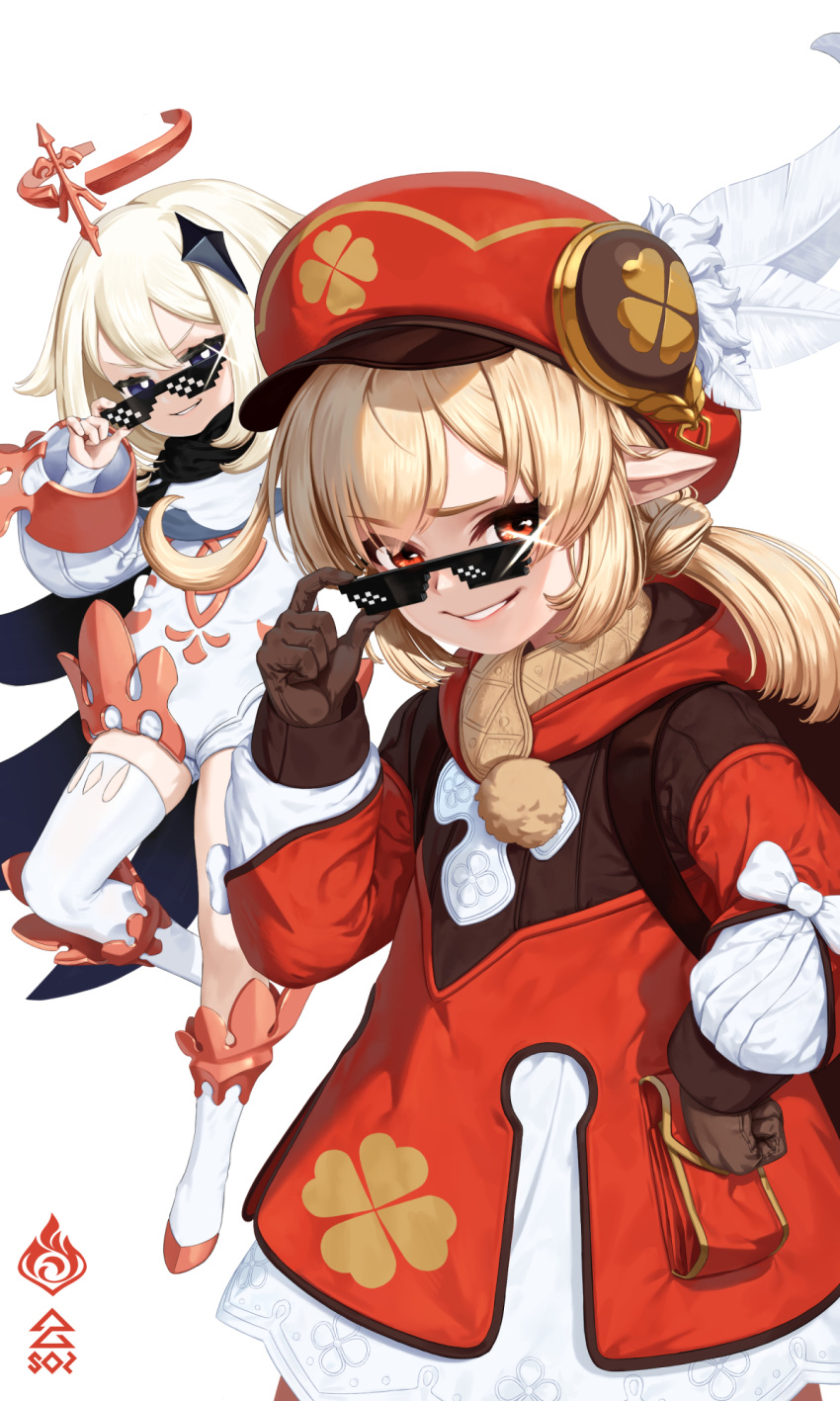 2girls, blonde_hair, blue_eyes, commentary_request, deal_with_it, genshin_impact, grin, hand_on_hip