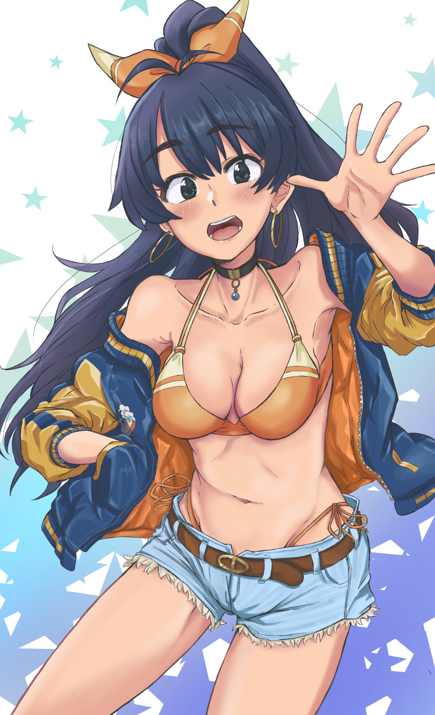 1girl, absurdres, anjerain, bangs, belt, bikini, bikini_top, black_hair