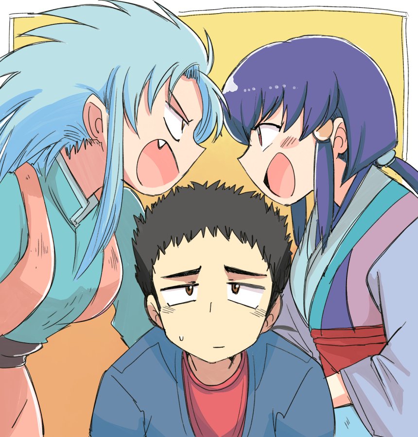 1boy, 2girls, aqua_hair, black_hair, breasts, eye_contact, fang, japanese_clothes