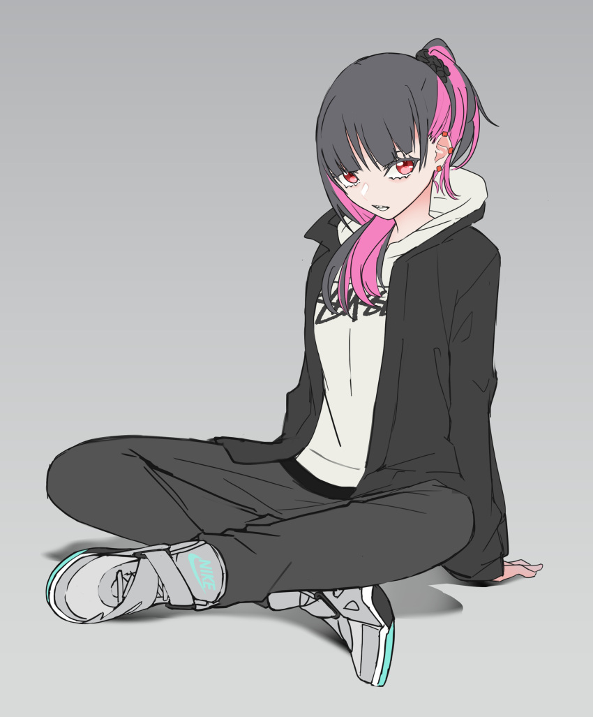 1girl, absurdres, black_hair, black_jacket, crossed_legs, ear_piercing, grey_hoodie, hair_behind_ear