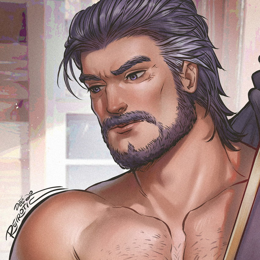 1boy, beard, blurry, blurry_background, chest_hair, close-up, collarbone, door, duessel_(fire_emblem), face, facial_hair, fire_emblem, fire_emblem:_the_sacred_stones, fire_emblem_heroes, gloves, gold_trim, grey_eyes, grey_hair, lips, looking_away, looking_down, male_focus, multicolored_hair, muscle, mustache, pectorals, portrait, purple_gloves, purple_shirt, reirotic, shadow, shirt, signature, solo, two-tone_hair, undressing, white_hair