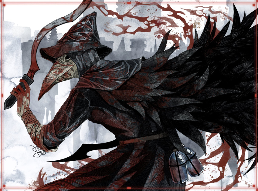 1girl, bandages, black_headwear, blade_of_mercy, blood, bloodborne, boots, bottle, cloak, coat, commentary, eileen_the_crow, english_commentary, from_side, gloves, hat, highres, holding, holding_weapon, long_coat, long_sleeves, mask, moon_(missuceda), plague_doctor_mask, solo, sword, weapon