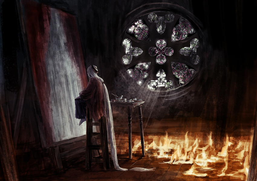 1girl, absurdly_long_hair, dark_souls_iii, fire, hat, long_hair, menka, painting